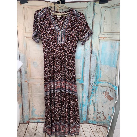 Knox Rose Dresses & Skirts - Knox Rose Womans M Boho Maxi Dress Black Floral   Rayon